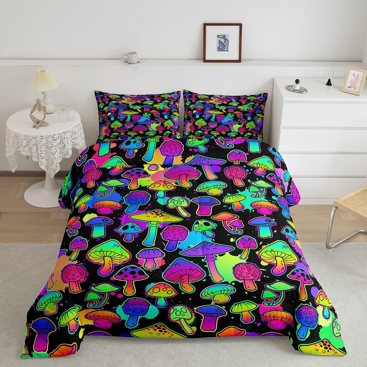 81qDlDNEPZL._AC_SL1200_.jpg Erosebridal Mushroom Comforter Set Full Cute Mushroom Comforter for Kids Girls Boys Cartoon Tie Dye Bedding Sets Teal Purple Neon Ombre Down Comforter Wild Colorful Botanical Quilt Set - Image 2