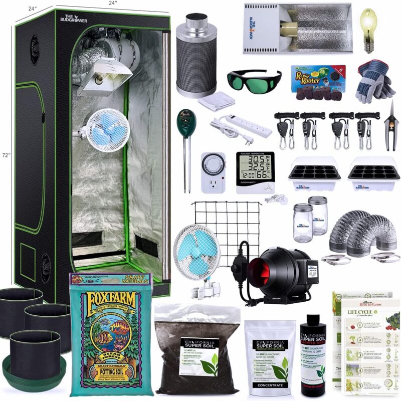 Complete Solution - 150W HPS Grow Light - 24"x24"x72" Hydroponic 1680D Canvas Tent Mylar Interior - Nutrient Enriched Cali Super Soil - All-in-One Indoor Grow Kit - Premium Ventilation