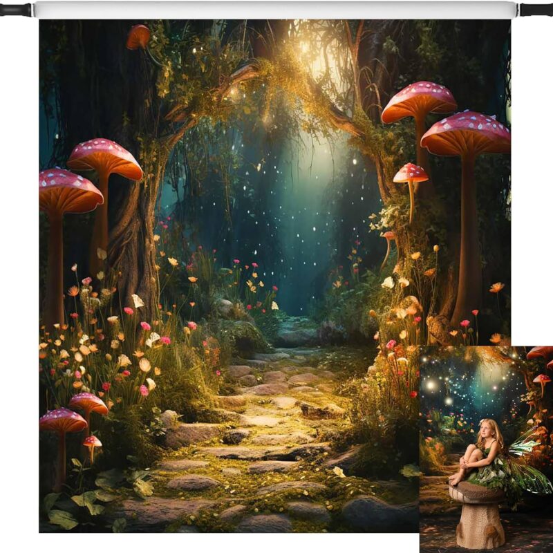 Kate Fairytale Backdrop Fantasy Firefly Mushroom Forest Backdrop for Photography,8X8ft