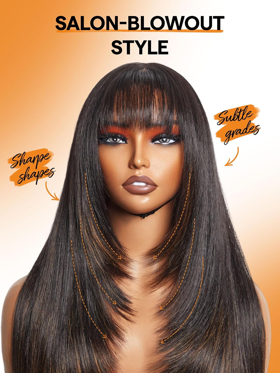 81t2CykmGAL._SL1500_.jpg GORGIUS Highlight Straight Layered Wigs with Bangs Glueless Black Mixed Brown Wig 22 Inch Put On Go Wigs Crafted with Style-Archive Premium Fiber Natural Hairline - Image 6