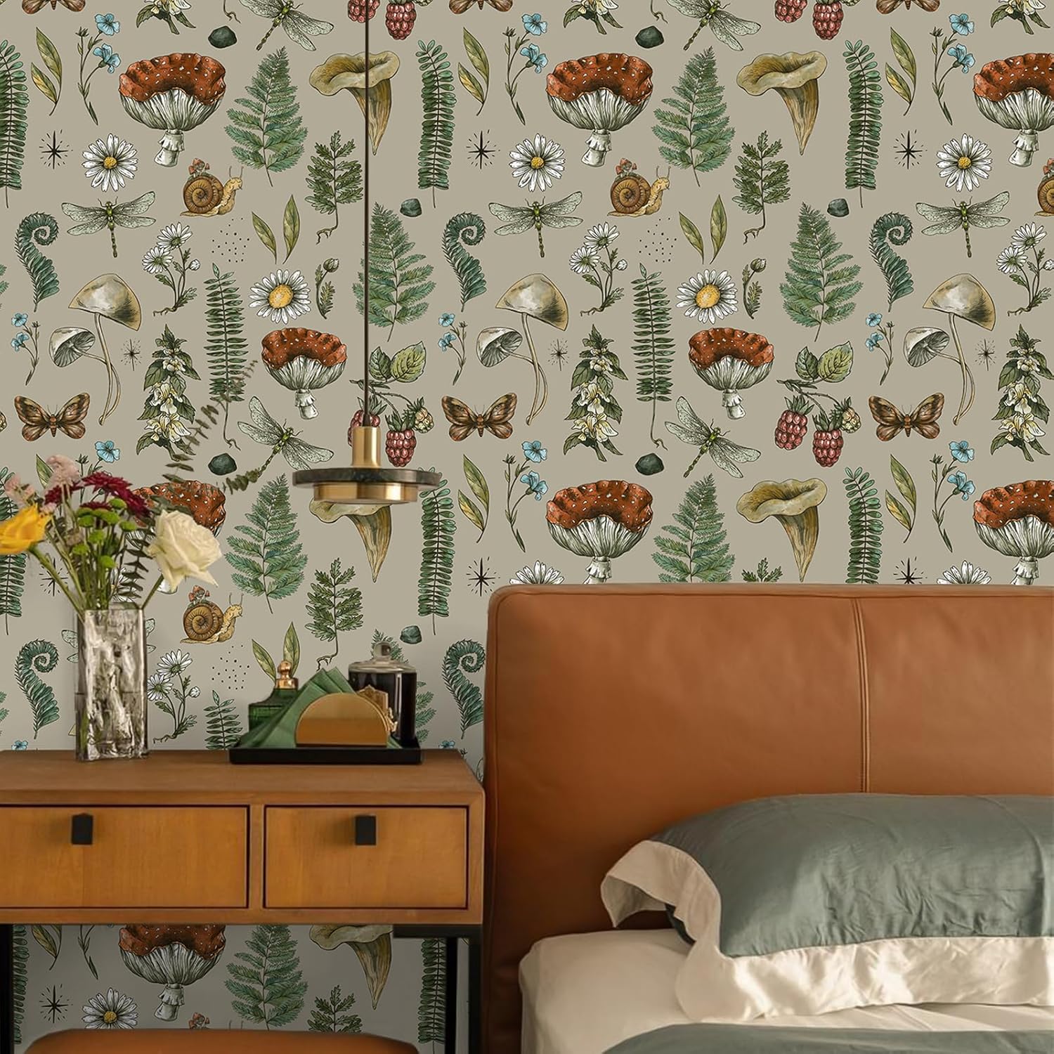 81u9IsZqR2L._AC_SL1500_.jpg VEELIKE Brown Mushroom Peel and Stick Wallpaper Vintage Fern Botanical Wallpaper Removable Woodland Forest Wallpaper for Nursery Kids Bedroom 17.7''x354'' Self Adhesive Contact Paper for Walls Cabinet - Image 5