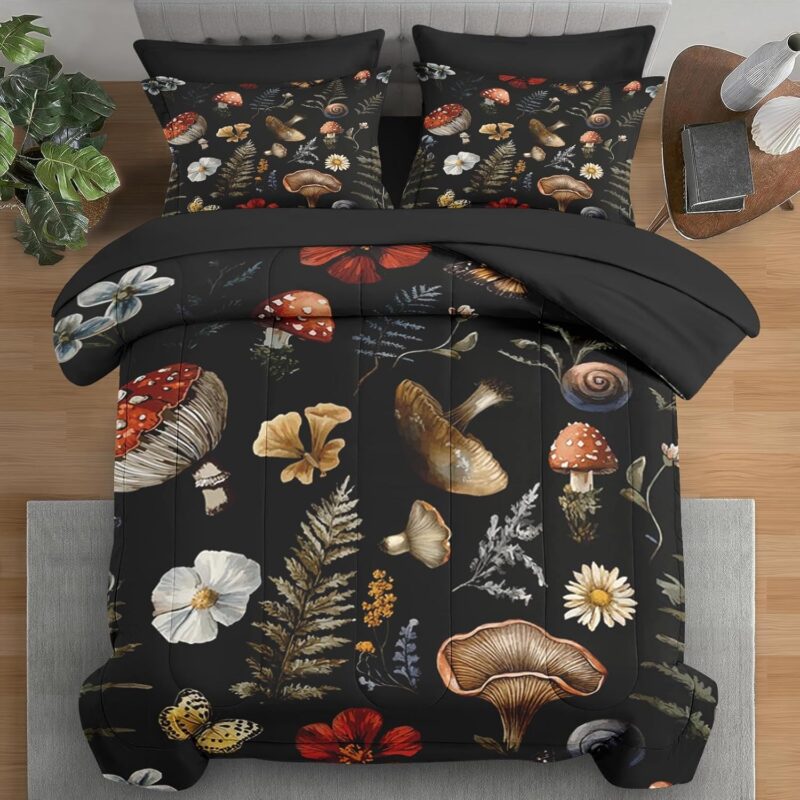 Comforter Set King Size, Woodland Mushroom 7 Pcs Bedding for Kids and Adults, Fern Plants Botanical Bed Sheet Sets with Fitted Sheet 2 Pillowcases & 2 Shams for Bedroom Bed Decor
