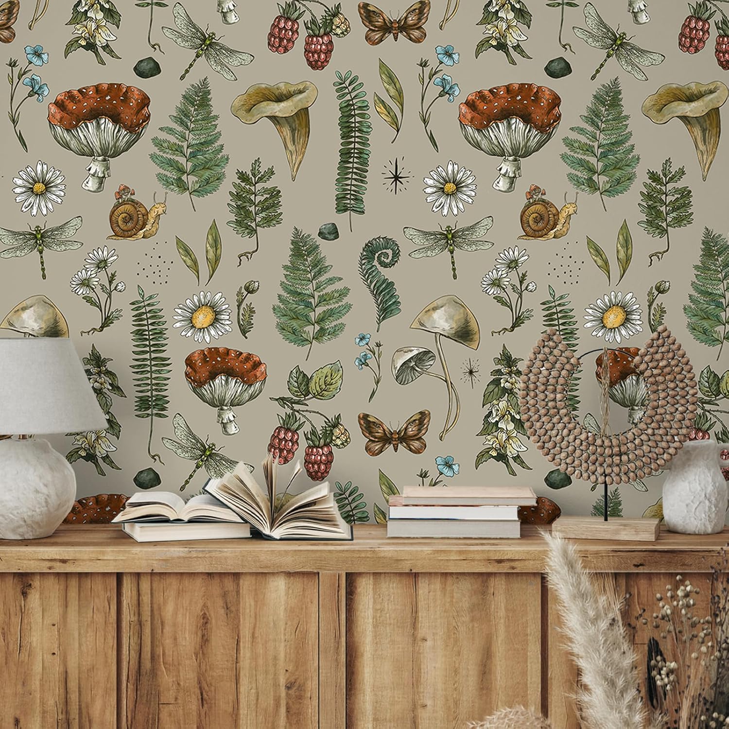 81uKdC96HDL._AC_SL1500_.jpg VEELIKE Brown Mushroom Peel and Stick Wallpaper Vintage Fern Botanical Wallpaper Removable Woodland Forest Wallpaper for Nursery Kids Bedroom 17.7''x354'' Self Adhesive Contact Paper for Walls Cabinet - Image 3