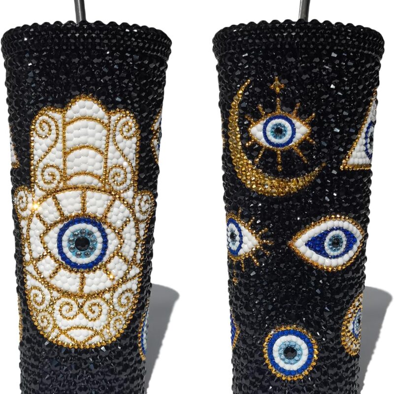 Handmade Evil Eyes Rhinestone Tumbler With Lid & Straw,24oz Stainless Steel Sparkle Turkish Eye Coffee Cup,Reusable Bling Water Bottle For Hot & Cold Drinks,Glitter Evil Eye Gifts For Women