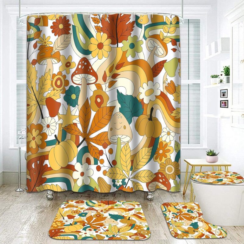 Hippie 70s Retro 4PCS Shower Curtain Sets-Vintage Floral Bathroom Set Accessories with Toilet Lid Cover,Non-Slip Rug,Bath Mat,12 Hooks-72x72in- Mushroom Curtains-Home Decor Adult Gifts