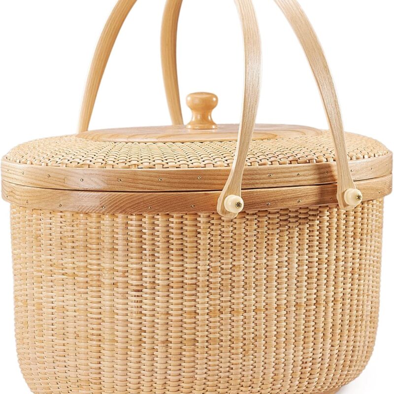 Nantucket style basket Picnic Basket rattan Handmade Products woven Sewing storage basket Two swing handles Tote Bag For Women