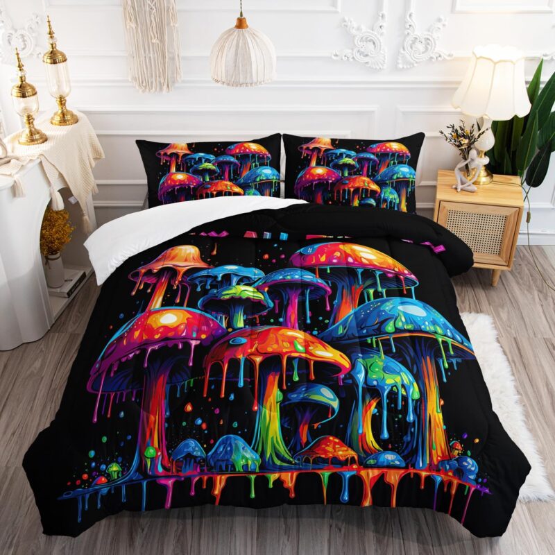 AILONEN 3D Oil Painting Mushroom Comforter Set Queen Size - 3 Pieces With Quilt and 2 Pillowcases for Boys Girls Room Decor, Cartoon Bedding Set