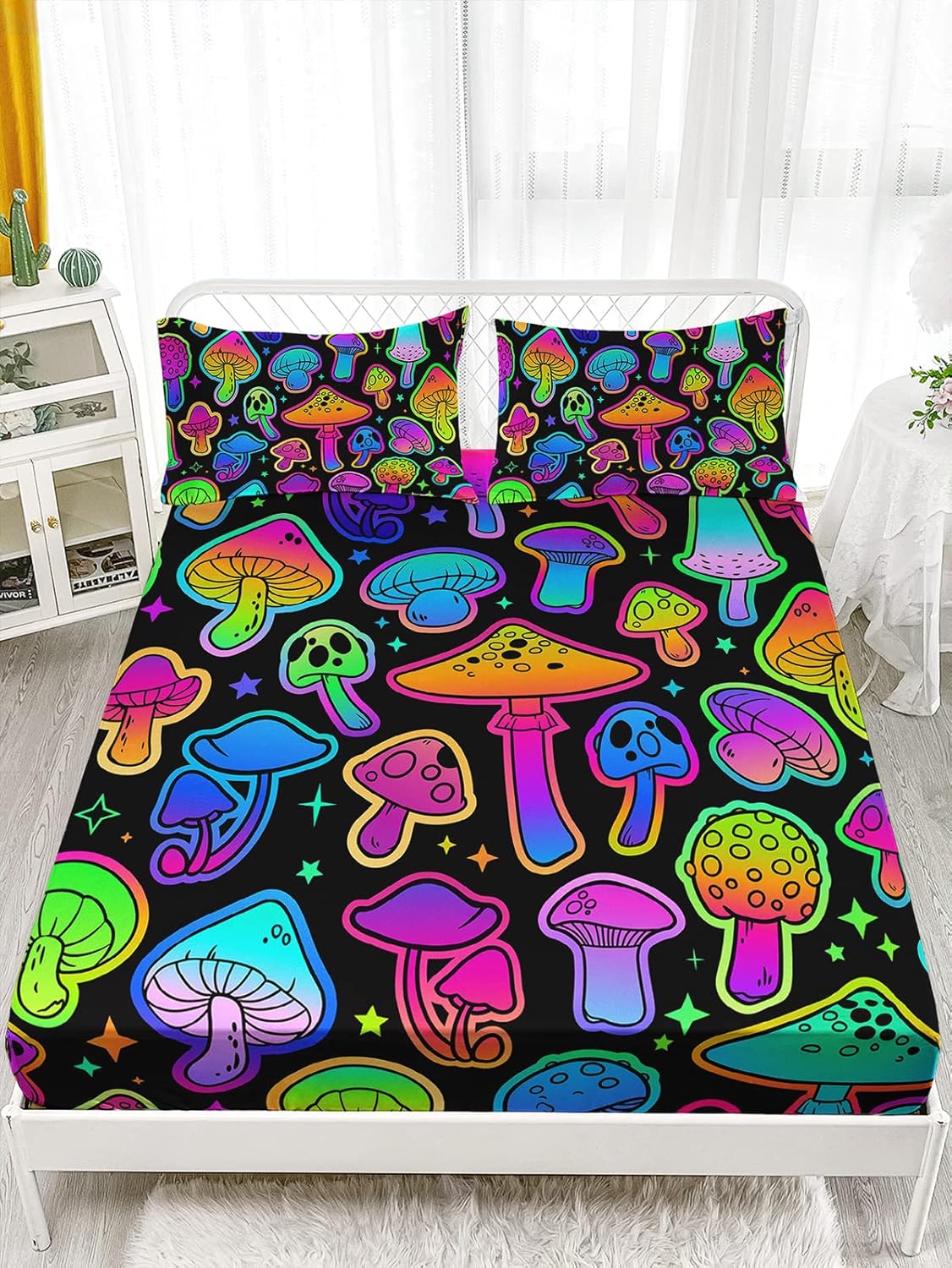 81yhjbdrokL._AC_SL1500_.jpg Axolotl Mushroom Queen Bedding Set, 4 Pcs Colorful Soft Gradient Mushroom Bedding with 1 Fitted Sheet 1 Flat Sheet 2 Pillowcases, Cute Kids Bedding for Boys Girls Teens Adults, Black Neon - Image 2