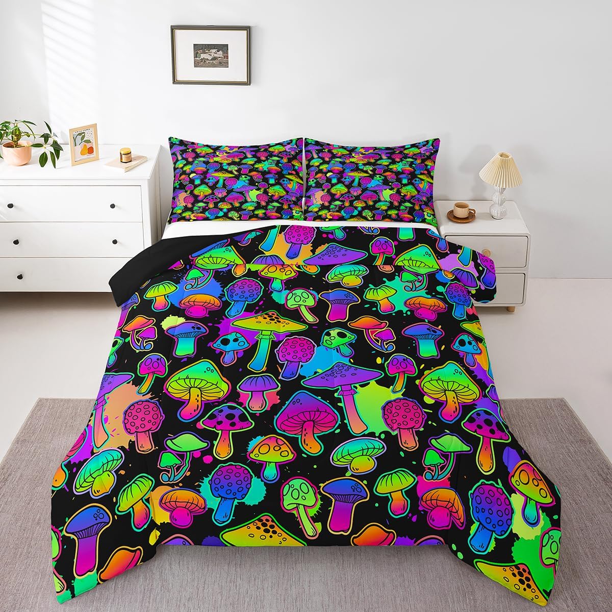 81zMFUionjL._AC_SL1200_.jpg Erosebridal Mushroom Comforter Set Full Cute Mushroom Comforter for Kids Girls Boys Cartoon Tie Dye Bedding Sets Teal Purple Neon Ombre Down Comforter Wild Colorful Botanical Quilt Set