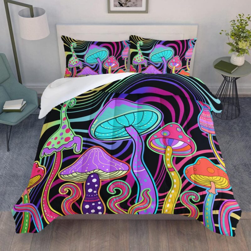 AILONEN Magic Mushroom Comforter Set Queen Size, Gradient Colours Mushroom with Coloured Lines Bedding Set,3 Pieces,1 Quilt and 2 Pillowcases,for Kids Boy Decor All Season