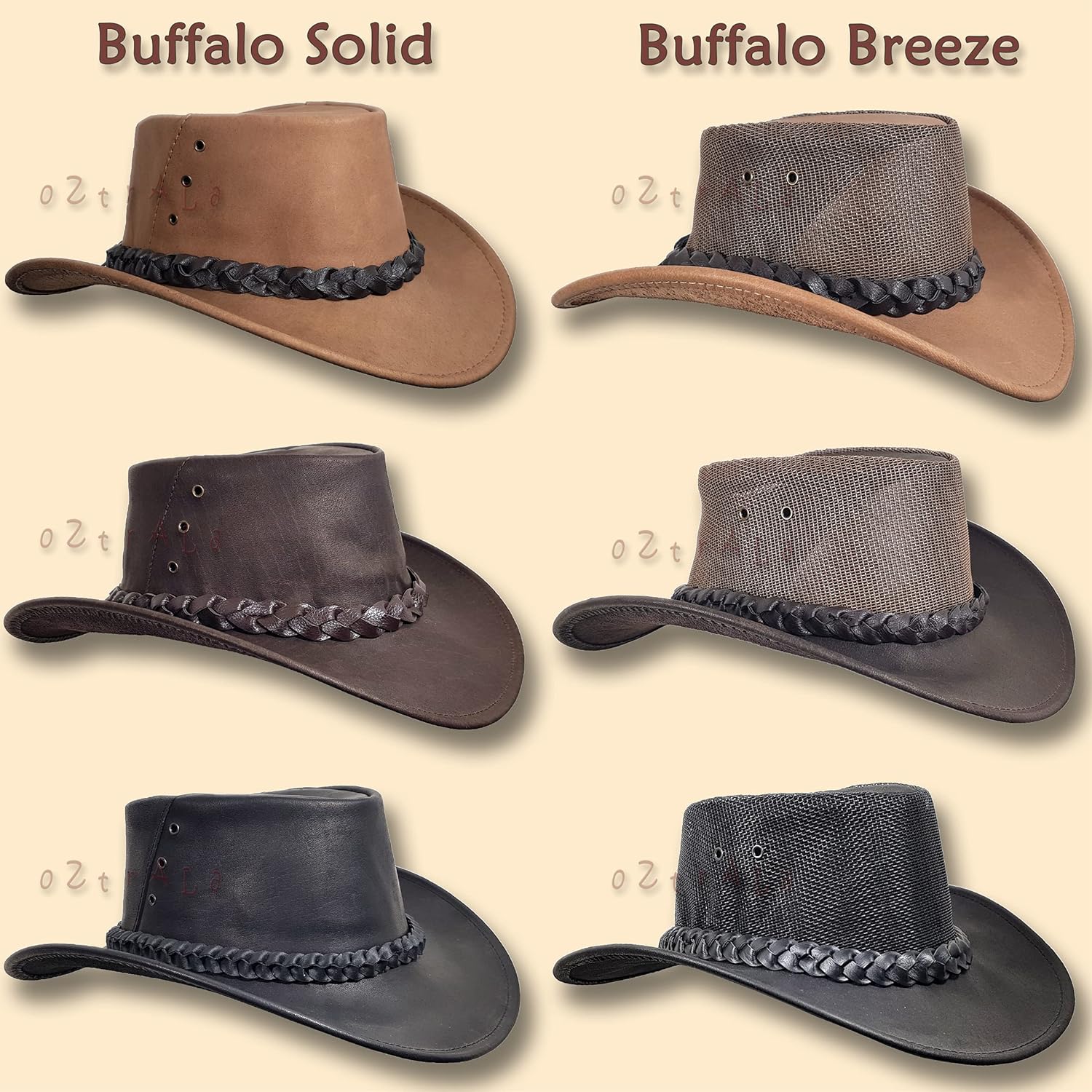 9124SUY0kJS._AC_SL1500_.jpg Oztrala Buffalo Leather Hat Australian Outback Western Cowboy Mesh Mens Womens Kids Jacaru Black Brown Tan HLBS HLBB - Image 2