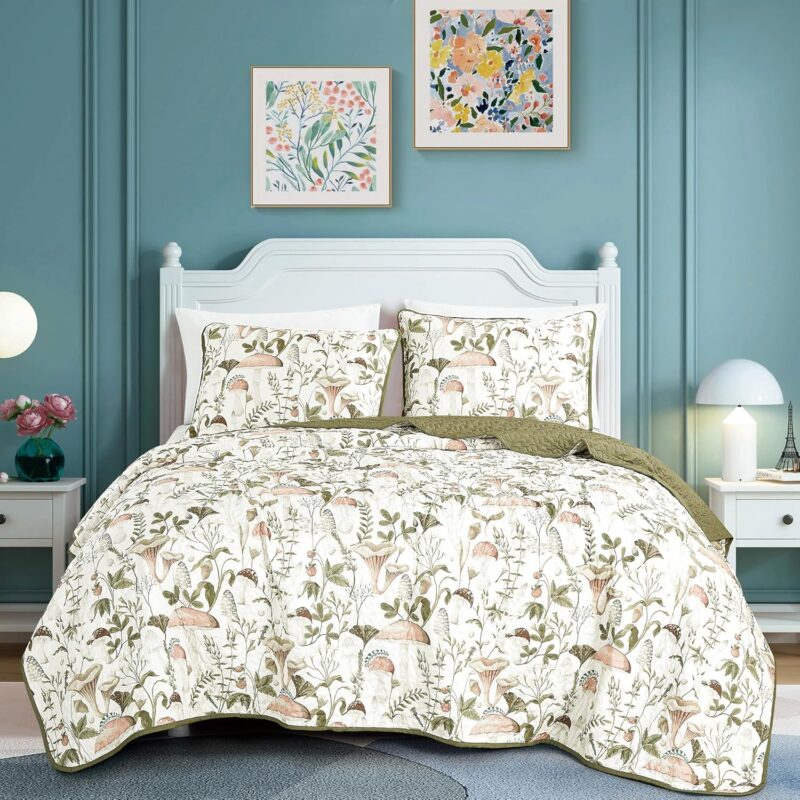 ESCA 3-Piece Teige Olive Mushroom Bedspread Set King Size Reversible Green Quilt