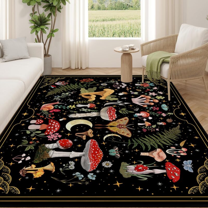 Mushroom Moth Area Rugs for Living Room Dining Room Bedroom Farmhouse, 8'x10' Non-Slip Machine Washable Black Living Room Rug Carpet, Witchy Living Room Decor Aesthetic