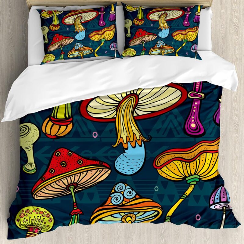Ambesonne Mushroom Duvet Cover Set, Mushrooms Ornate Doodles with Swirls Eyes Psychedelic Botany and Growth, Decorative 3 Piece Bedding Set with 2 Pillow Shams, King Size, Dark Teal