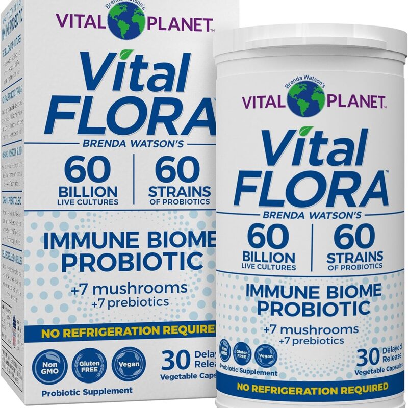 Vital Planet - Vital Flora Immune Support Probiotic, 60 Billion CFU, 60 Diverse Strains, 7 Organic Mushroom Supplement Blend with Prebiotics, Shelf Stable Digestive Health Probiotics 30 Capsules