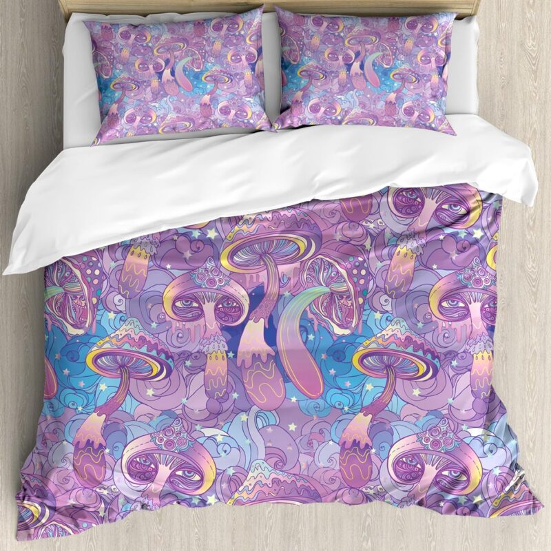 Ambesonne Mushroom Duvet Cover Set, Compositions Trippy Swirls Eyes Dreamlike, Decorative 3 Piece Bedding Set with 2 Pillow Shams, Queen Size, Blue Purple
