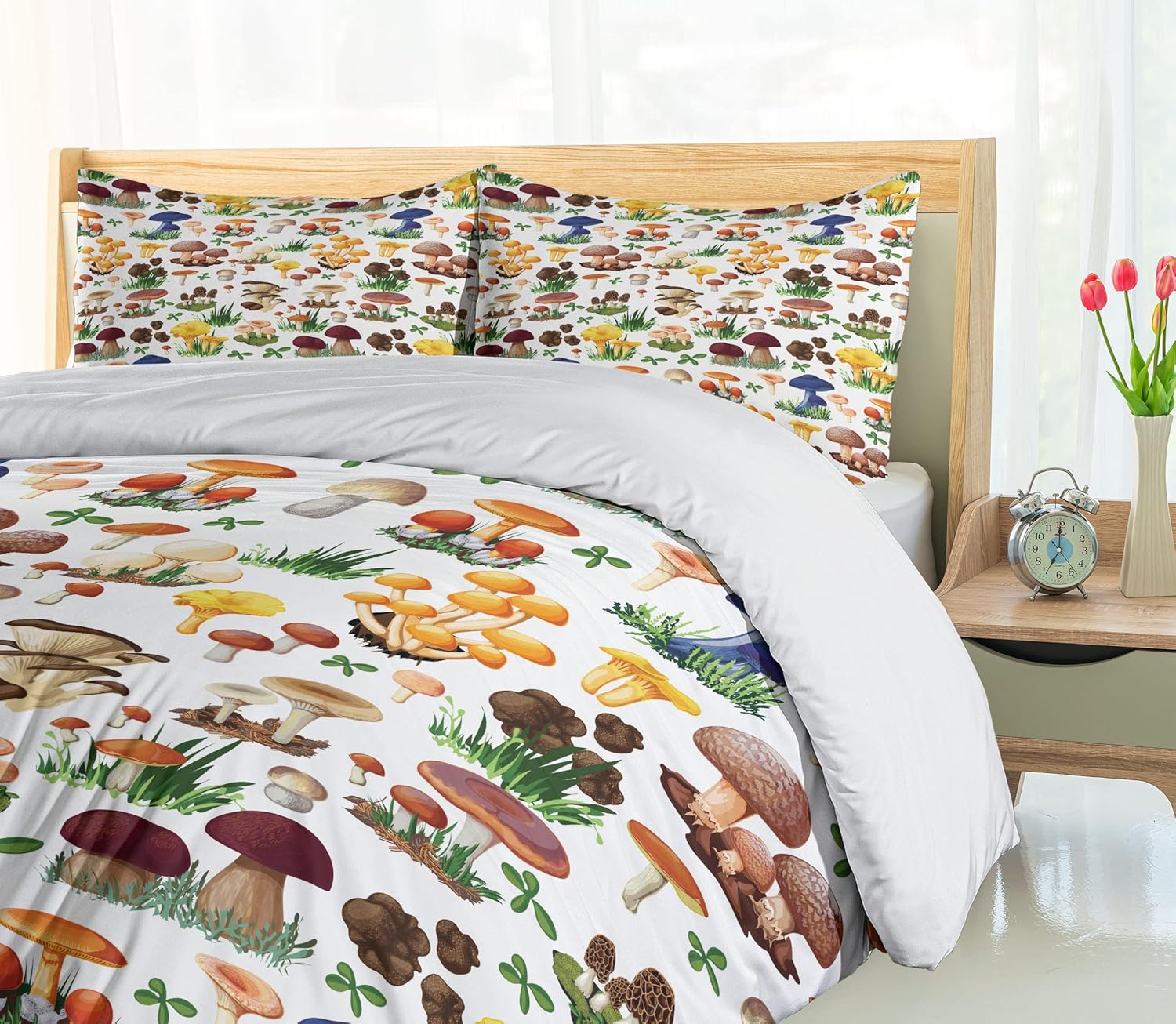 91NHLyHOp8L._AC_SL1500_.jpg Ambesonne Mushroom Duvet Cover Set, Pattern of Mushrooms Wild Species Natural Food Garden Theme Exotic Wilderness Art, Decorative 3 Piece Bedding Set with 2 Pillow Shams, Queen Size, Green Yellow - Image 4