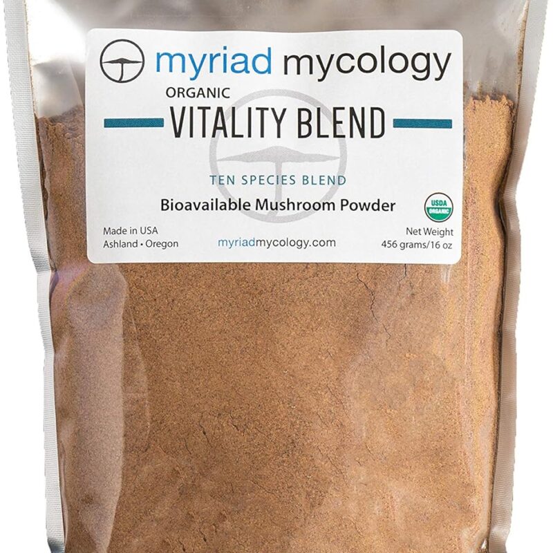 Myriad Mycology Vitality Blend - Mushroom Powder 1 Pound or 456 Grams 10 Medicinal Mushroom Powders. Lion's Mane, Cordyceps, Turkey Tail, Reishi, Chaga, Maitake, Shiitake, Blazei, Agarikon, and Mesima Sang-Huang