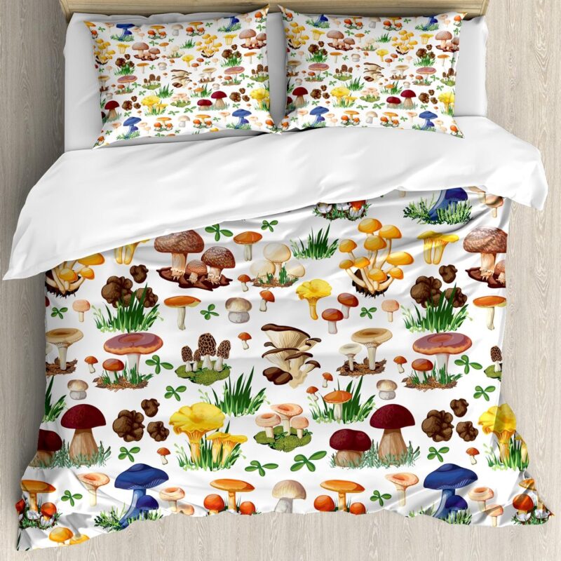 Ambesonne Mushroom Duvet Cover Set, Pattern of Mushrooms Wild Species Natural Food Garden Theme Exotic Wilderness Art, Decorative 3 Piece Bedding Set with 2 Pillow Shams, Queen Size, Green Yellow