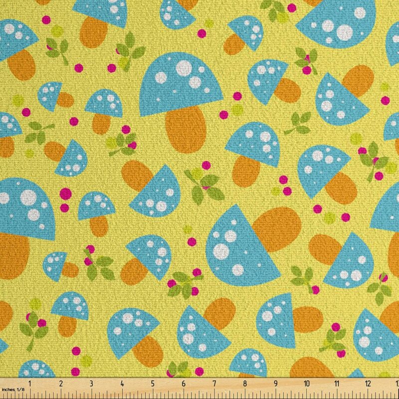 Ambesonne Mushroom Faux Suede Fabric by The Yard, Woodland Cartoon Blue Mushrooms in Drawing on Yellow Background, for Indoor Outdoor DIY Projects Upholstery, 3 Yards, Yellow Multicolor