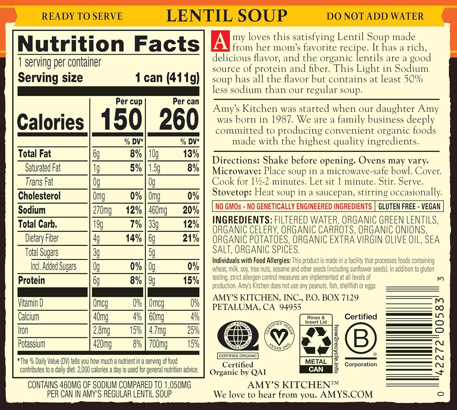 91Z4ico8lnL._SL1500_.jpg Amy’s Soup, Vegan Lentil Soup, Light in Sodium, Gluten Free, Made With Organic Green Lentils and Vegetables, Canned Soup, 14.5 Oz (12 Pack) - Image 10