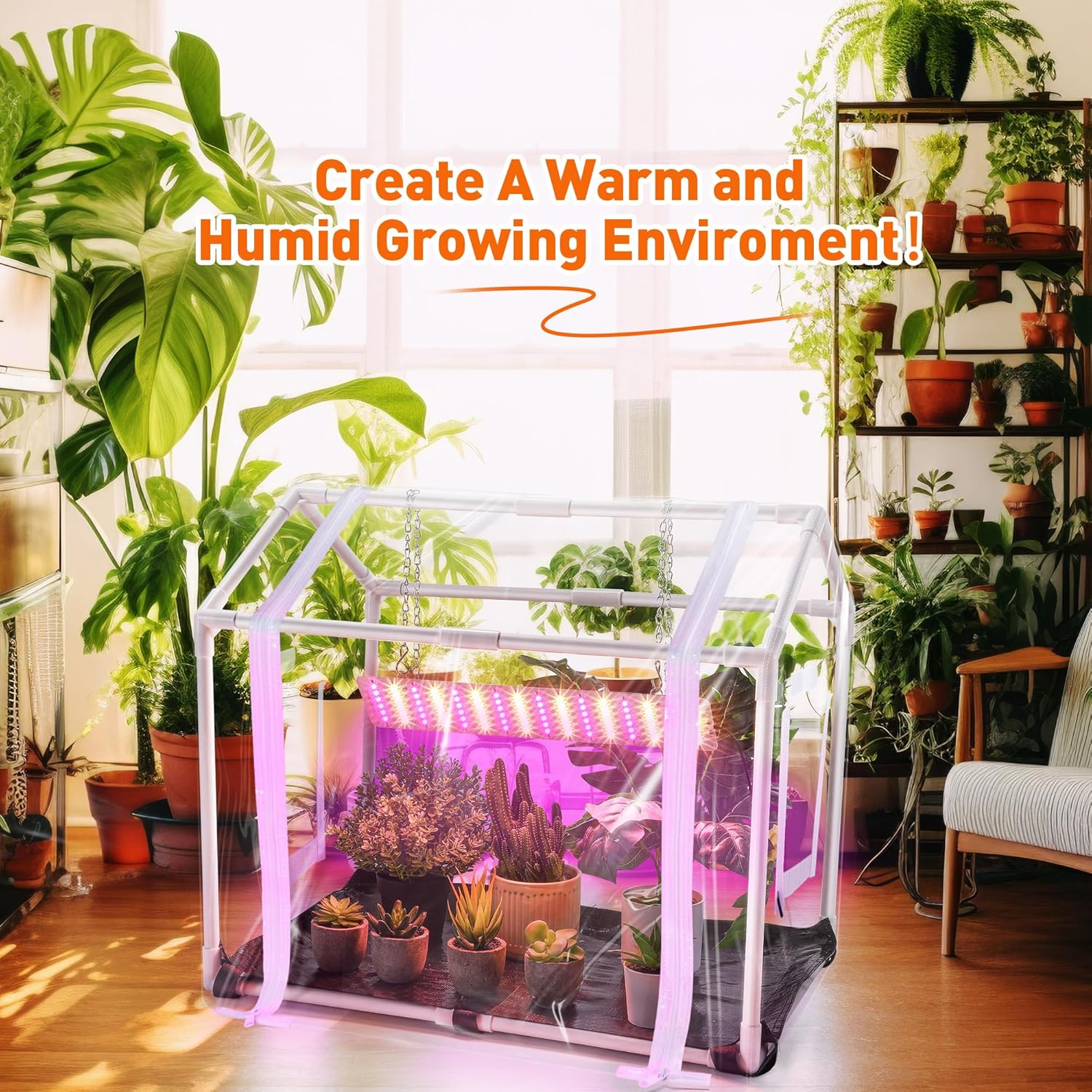 91ad5e3ZN5L._AC_SL1500_.jpg Meonum Mini Greenhouse with Grow Light for Indoor, Tabletop Small Greenhouse Kit with Bottom Mat for Waterproof, 15W Plant Dimmable LED Grow Lights and Timer, 3 Light Color Mode for Seed Starter Tray - Image 6