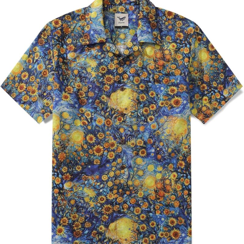 1960s Vintage Hawaiian Shirt for Men Van Gogh Sunflower Shirt Camp Collar 100% Cotton L