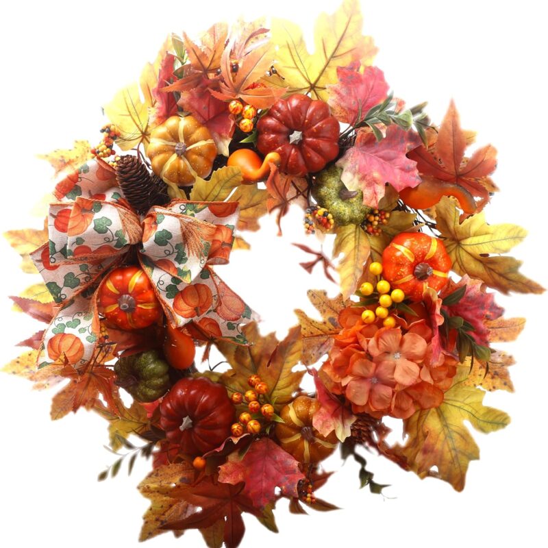 Fall Wreath, Artificial Fall Wreaths for Front Door with Pumpkins & Pine Cones & Berries, Autumn Wreath Decor Front Door Indoor or Outdoor Wall Home Party Decoration （Printed Burlap Bows）