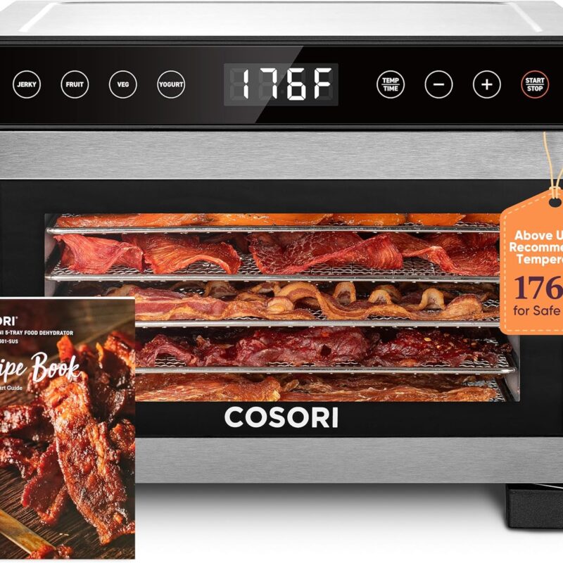 COSORI Food Dehydrator for Jerky, 176°F Temperature Control, 5 Stainless Steel Trays Dryer Machine, 4 Presets, 48H Timer, for Dog Treats, Meat, Fruit, Veggies, Snacks, Recipe Book Included