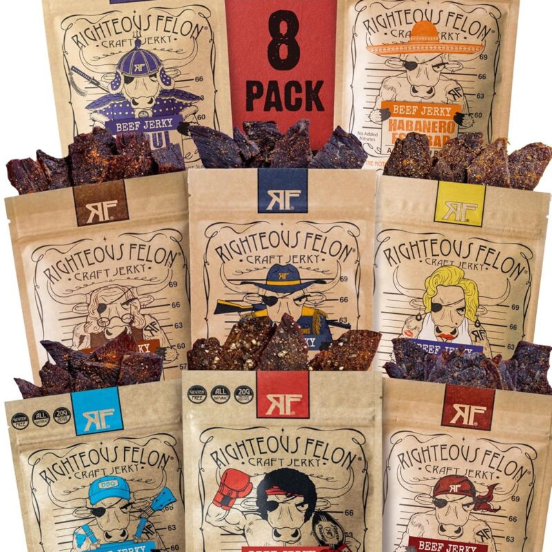 Righteous Felon Beef Jerky Variety Pack | Gluten Free Beef Jerky Snack Packs for Adults | High Protein, Keto-Friendly, Low Sugar | Made with Premium Meats | Beef Jerky Gifts for Men | Sampler 8 Pack