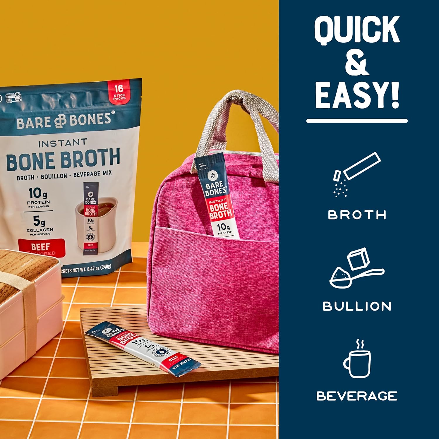 91oNFe4v17L._SL1500_.jpg Bare Bones Bone Broth Instant Powdered Beverage Mix, Chicken & Beef, Variety Pack of 32, 16 Chicken & 16 Beef - 15g Sticks, 10g Protein, Keto & Paleo Friendly - Image 8