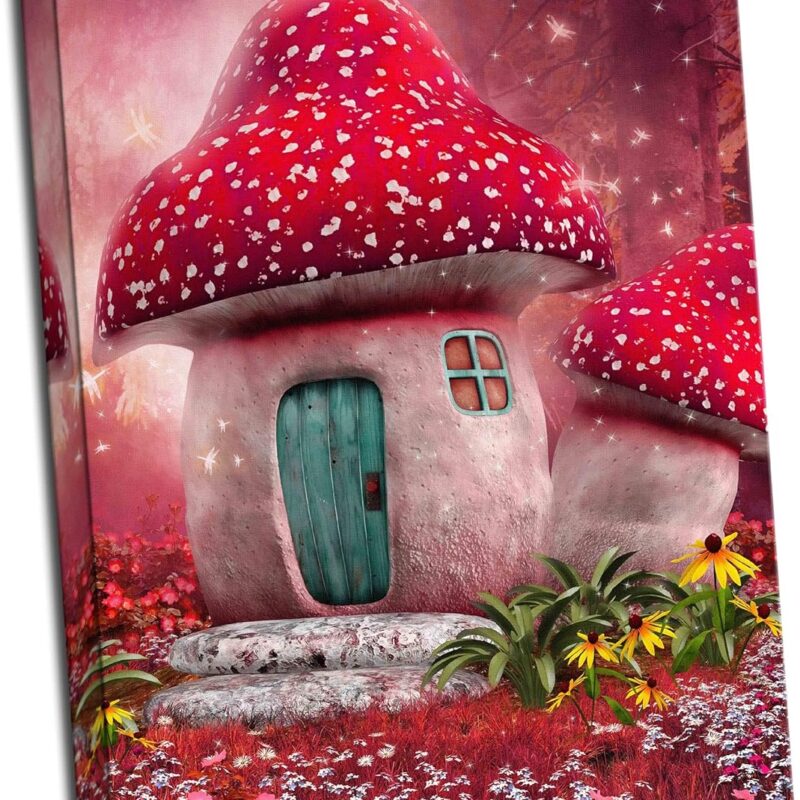 Panther Print Kids Nursery Bedroom Magical Fairy Red Mushroom House Canvas Art Print Poster 30"X 20" Inches 76.2 x 50.8 cm