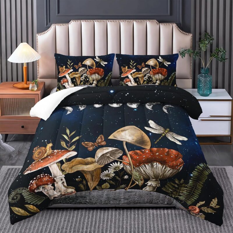 Mushroom Bedding - King Size, Black & Cute Mushroom Boho Comforter Set