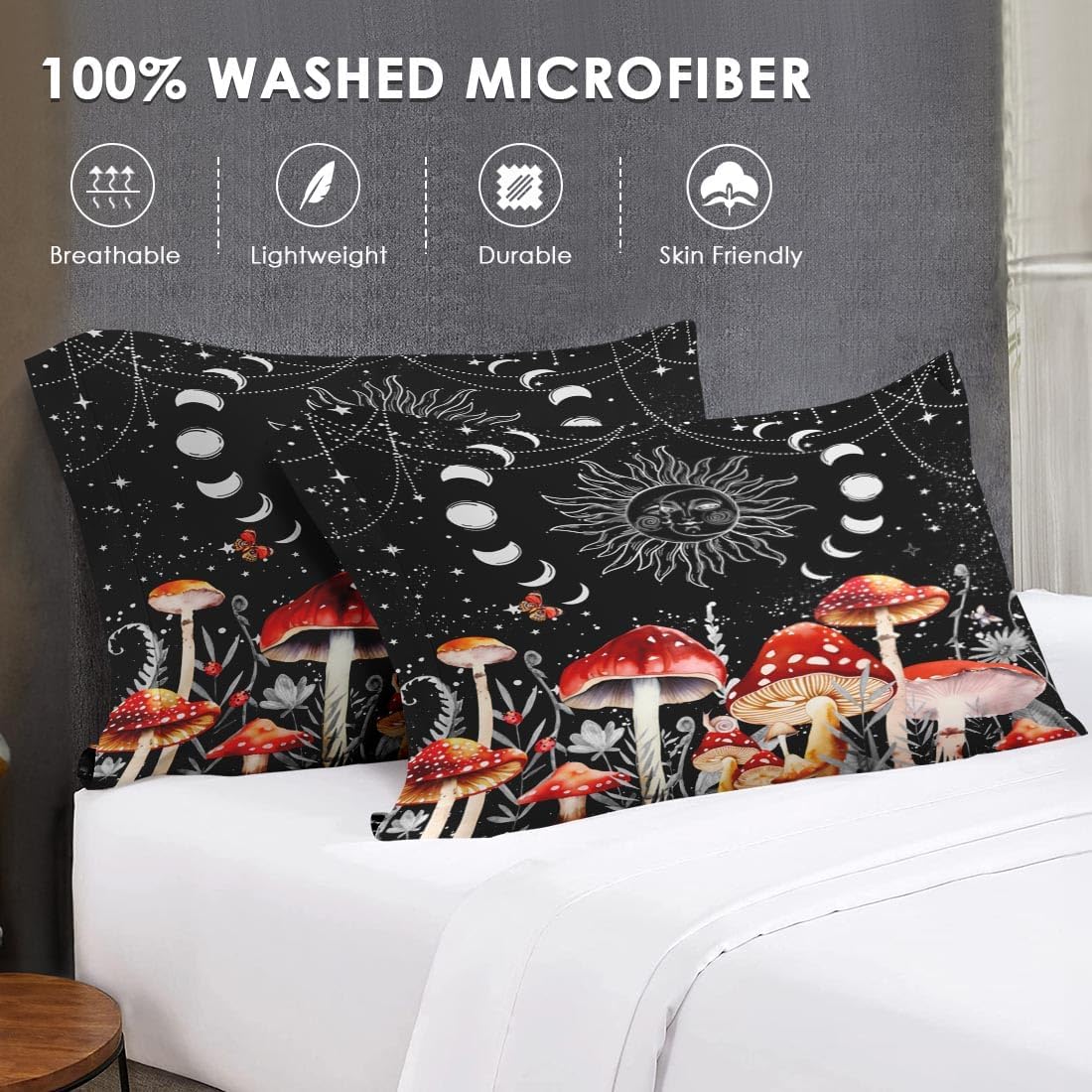1747362495_71V84jxssL._AC_SL1100_.jpg Full Size Comforter Set with 2 Pillowcases, Sun Moon Boho Mushroom 3 Pcs Bedding for Kids and Adults, Astrology Tarot Witch Soft Comforter Set for Bedroom Bed Decor - Image 7