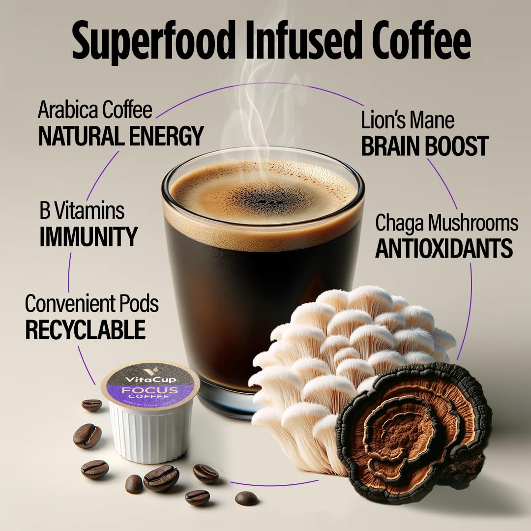 1748058361_61a04OWlxL._SL1080_.jpg VitaCup Mushroom Coffee, for Focus, Memory & Clarity, Medium Dark Roast, 16ct | Mineral Coffee Pods with Trace Minerals, Hydrate, Replenish & Restore, Medium Dark Roast 16ct, Coffee Pod Bundle - Image 3