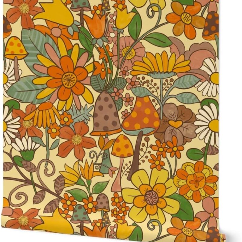 Peel & Stick Wallpaper 6ft x 2ft - Flowers Vintage Mushrooms Groovy Flower Power Earth Tones Custom Removable Wallpaper by Spoonflower