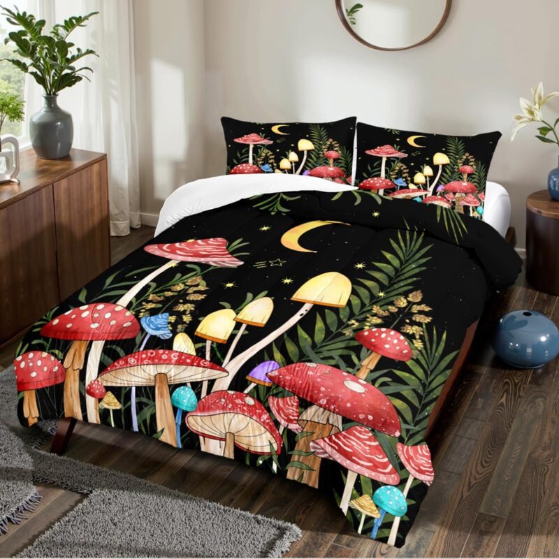 Black Red Mushroom Comforter Set Full Size for Kids Boys Girls Teens Botanical Leaf Bedding Set Boho Moon Star Bedding Natural Wild Fungus Soft Down Alternative Comforter Set
