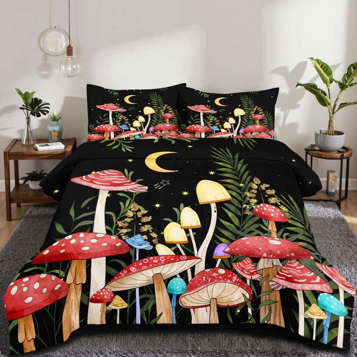 1748503806_71sc5Ei60NL._AC_SL1200_.jpg Black Red Mushroom Comforter Set Full Size for Kids Boys Girls Teens Botanical Leaf Bedding Set Boho Moon Star Bedding Natural Wild Fungus Soft Down Alternative Comforter Set - Image 2
