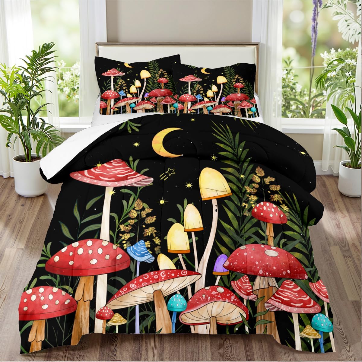 1748503809_710qcdvyJAL._AC_SL1200_.jpg Black Red Mushroom Comforter Set Full Size for Kids Boys Girls Teens Botanical Leaf Bedding Set Boho Moon Star Bedding Natural Wild Fungus Soft Down Alternative Comforter Set - Image 3