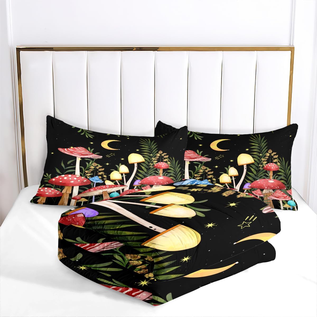 1748503811_71LeaW2Zs4L._AC_SL1200_.jpg Black Red Mushroom Comforter Set Full Size for Kids Boys Girls Teens Botanical Leaf Bedding Set Boho Moon Star Bedding Natural Wild Fungus Soft Down Alternative Comforter Set - Image 4