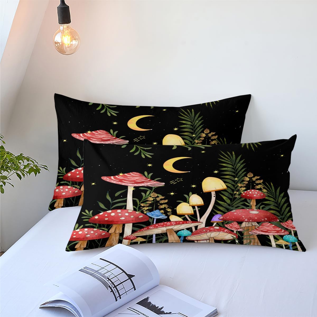 1748503814_61VPRT1gLL._AC_SL1200_.jpg Black Red Mushroom Comforter Set Full Size for Kids Boys Girls Teens Botanical Leaf Bedding Set Boho Moon Star Bedding Natural Wild Fungus Soft Down Alternative Comforter Set - Image 5
