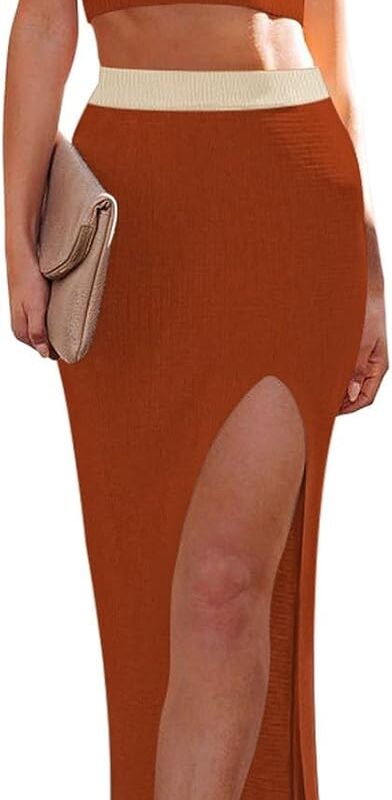 Cutiefox Women's Knit 2 Piece Dress Cami Crop Top High Side Slit Bodycon Long Skirt Set