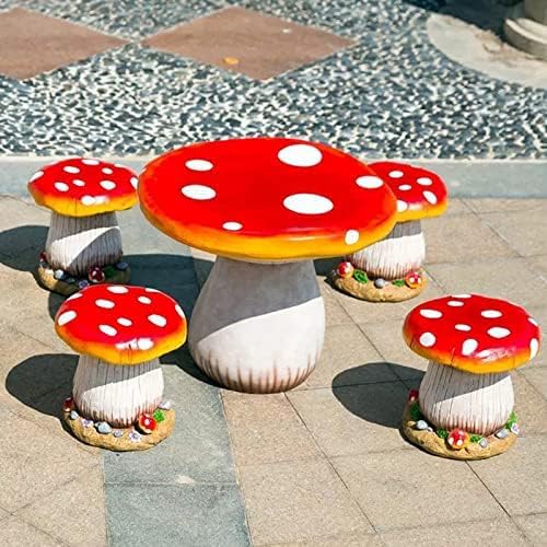 Outdoor Garden Mushroom Table Stools, Courtyard Lawn Pond Ornament Table Stools Set Statues, Resin Creative Landscape Sculpture Decoration(1 Table& 4 Stools, Red)