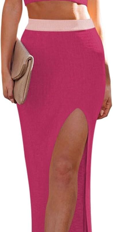 Cutiefox Women's Knit 2 Piece Dress Cami Crop Top High Side Slit Bodycon Long Skirt Set