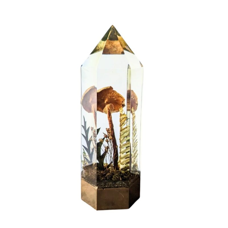 Resin Crystal Tower with Real Mushrooms - Honey Mushroom - Terrarium Nature Plant Fungi Decor - Size Medium