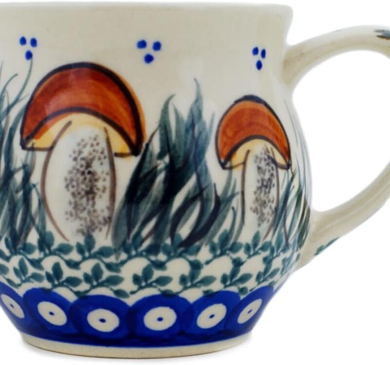 Authentic Polish Pottery Mug 12 oz Signature UNIKAT in Mushroom Fun Guy Fungi Design Handmade in Bolesławiec Poland by Ceramika Nina + Certificate of Authenticity