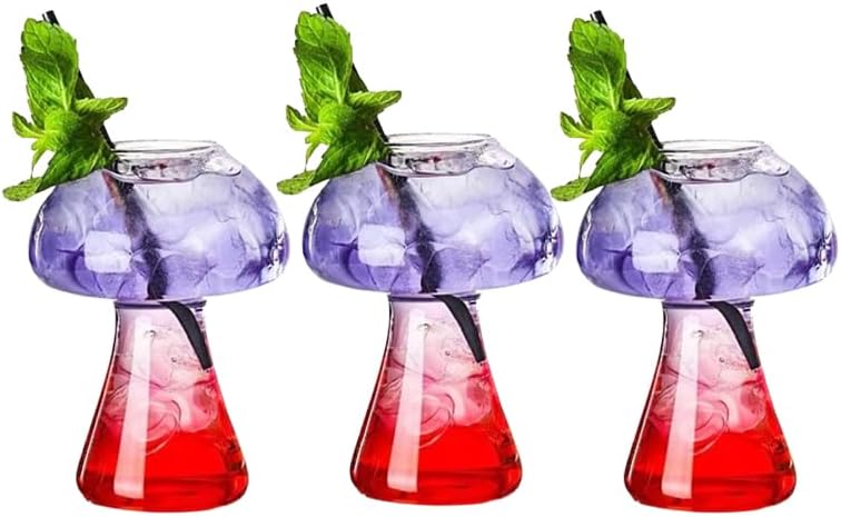 Unique Mushroom Shaped Wine Glasses, Set of 3 250ml/8.5oz, Clear Goblets for Fun Party Drinks (Set of 3)