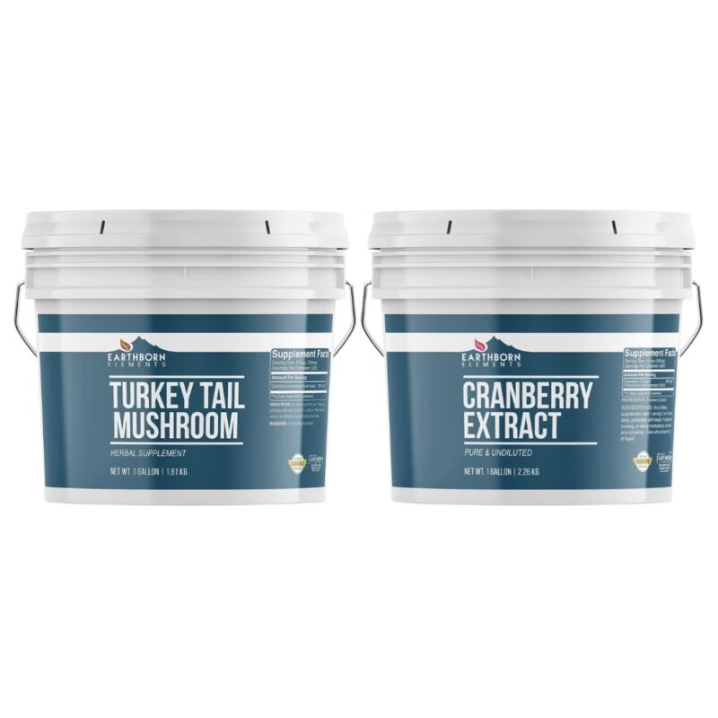 Earthborn Elements Turkey Tail Mushroom and Cranberry Extract Bundle, 1 Gallon Bucket, Pure & Undiluted, Herbal Supplements