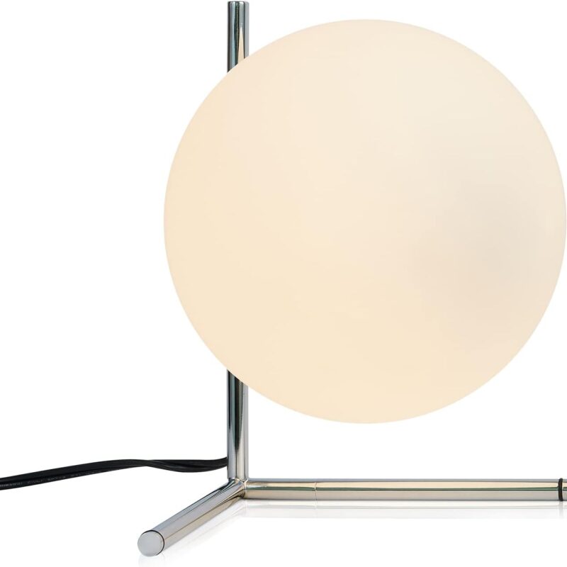 BOKT Modern Globe Table Lamp Chrome Simple Desk Lamp Bedside Nightstand Small Lamp Nordic Creative Design White Glass Ball Reading Lights for Study Living Room Bedroom Children Room Cabinet Farmhouse