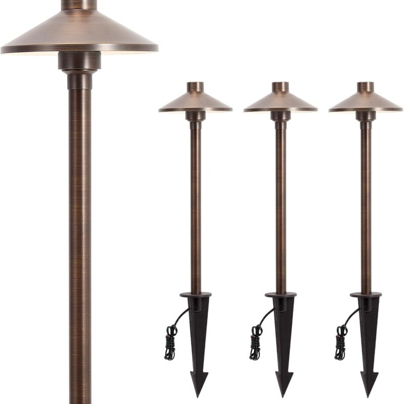 Gardencoin Solid Brass Low Voltage Pathway Lights (6.7'' Shade, 21.9'' Tall), 12V AC/DC Heavy Duty LED Landscape Path Lights Outdoor Wired, Antique Bronze Walkway Lights with Larger Stake, 4-Pack